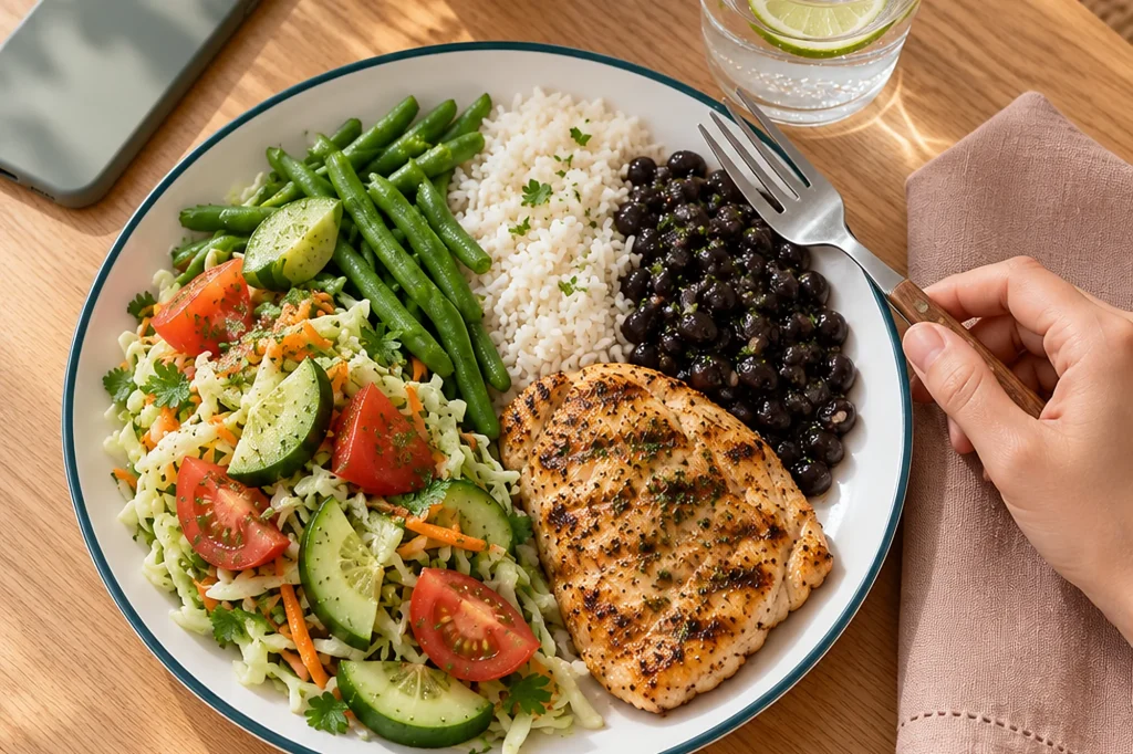 Almuerzo servido en un plato, con la mitad de vegetales, pollo a la plancha y arroz con frijoles, junto a un vaso de agua y un celular boca abajo.