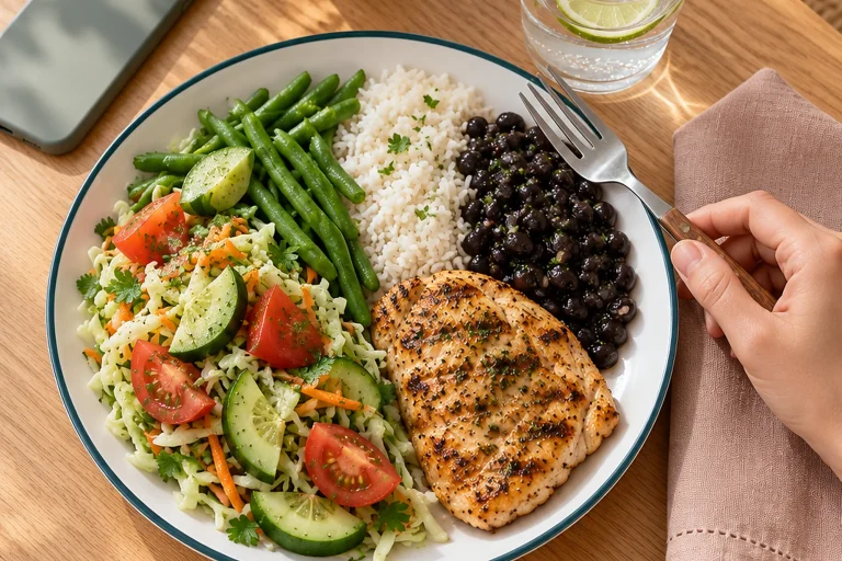 Almuerzo servido en un plato, con la mitad de vegetales, pollo a la plancha y arroz con frijoles, junto a un vaso de agua y un celular boca abajo.