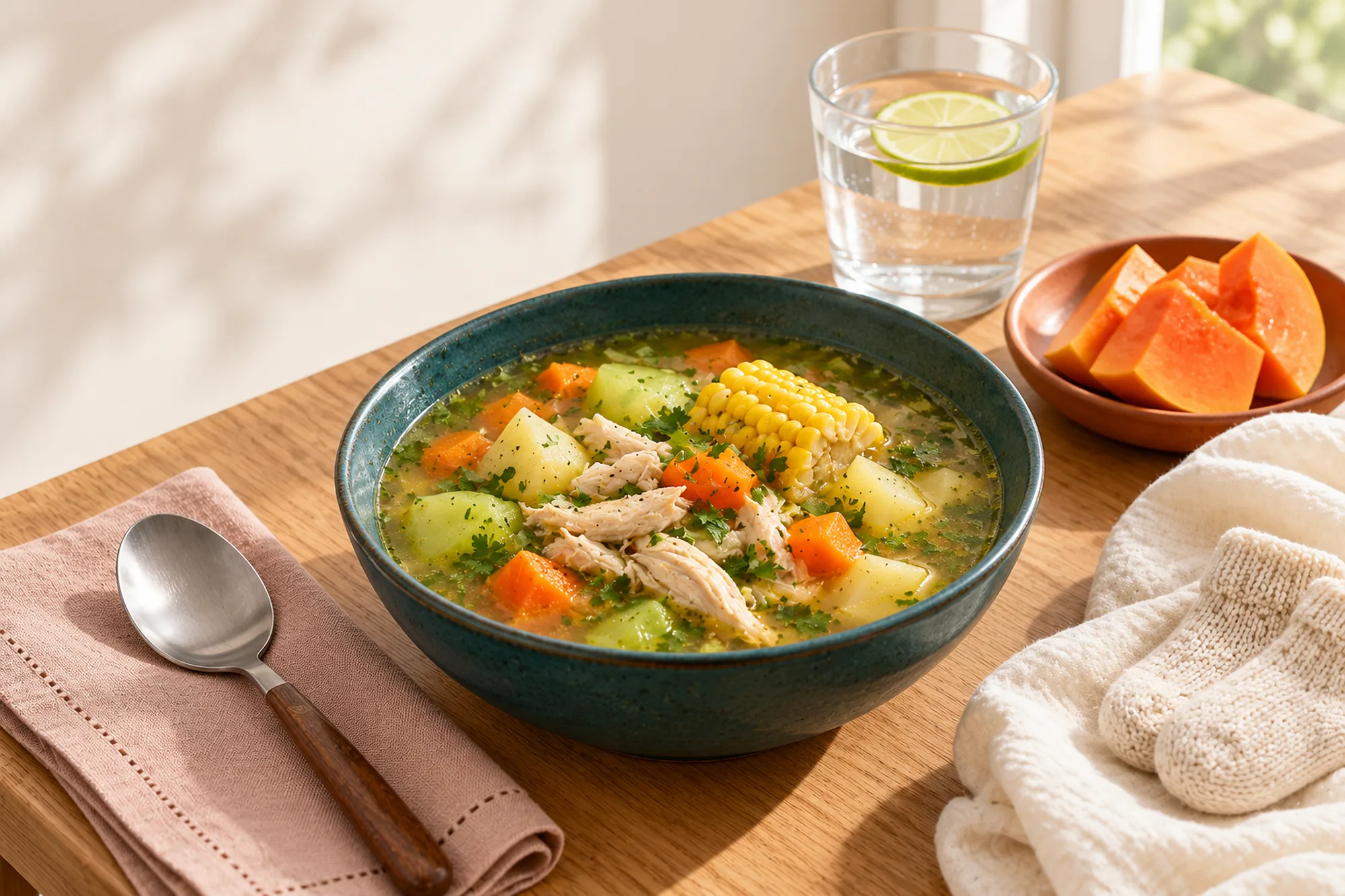 Sopa casera de pollo con verduras, un vaso de agua y una mantita de bebé doblada sobre una mesa de madera clara.