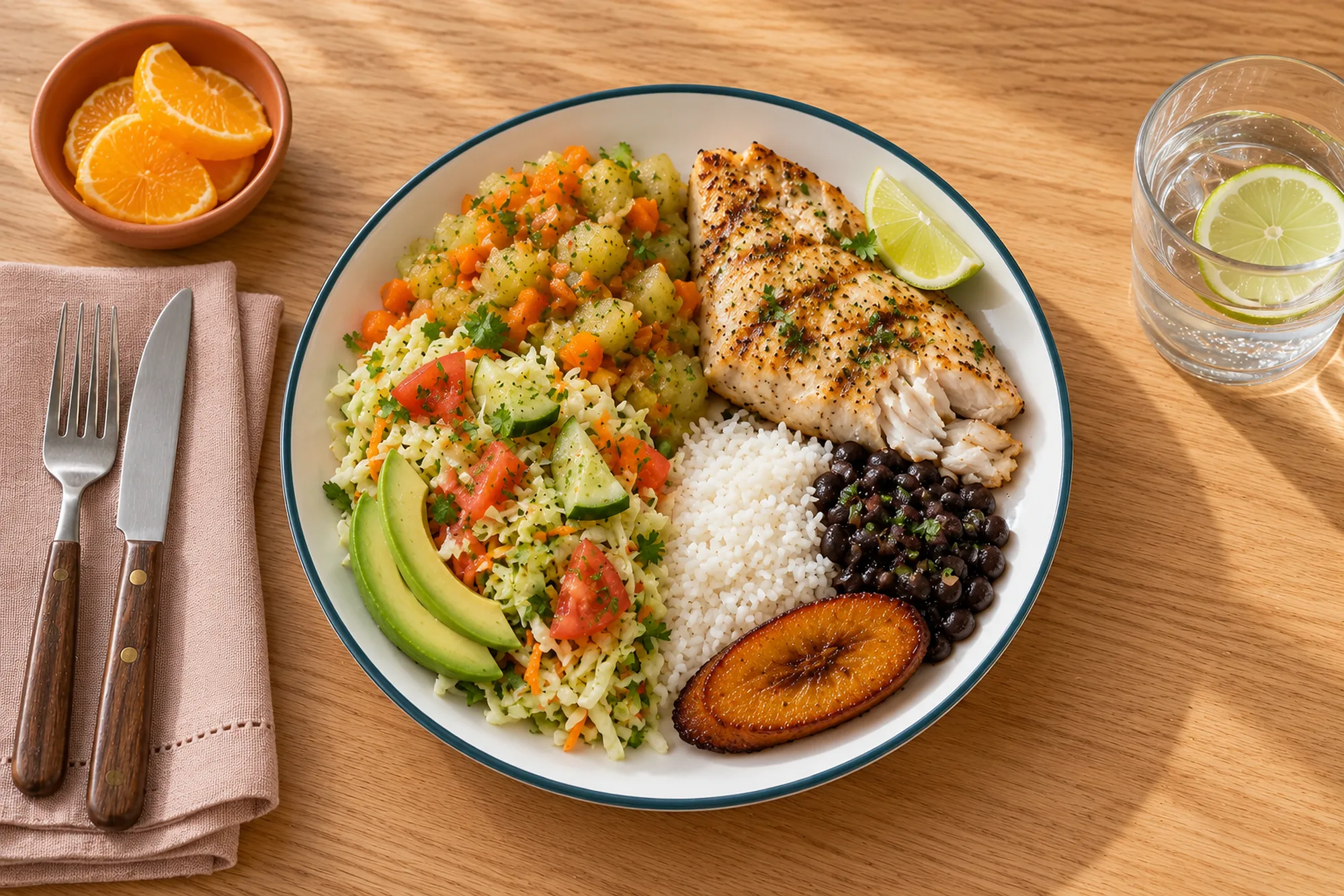 Casado armado con el método del plato: la mitad con ensalada y picadillo, un cuarto con pescado bien cocido y un cuarto con arroz, frijoles y una tajada de maduro.