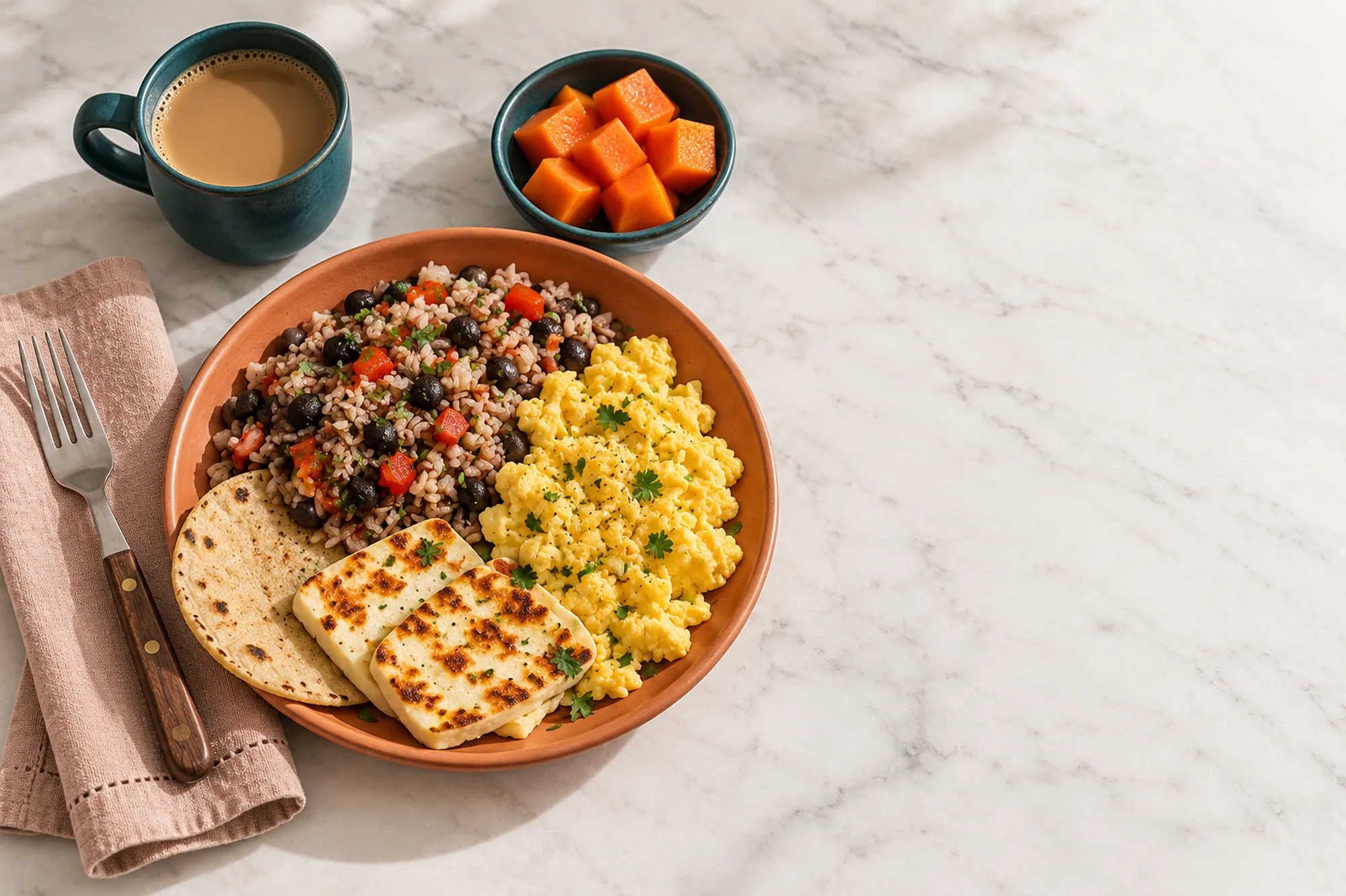 Desayuno con gallo pinto, huevo revuelto, queso a la plancha, papaya y café con leche.
