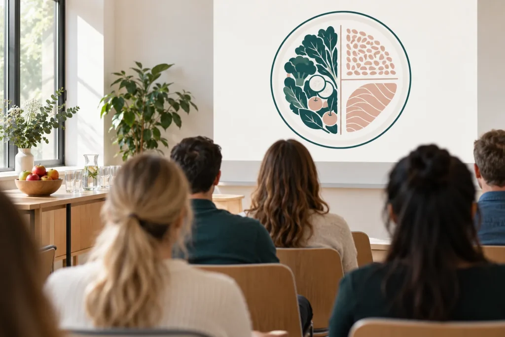 Charla de nutrición en una empresa, vista desde el fondo de la sala
