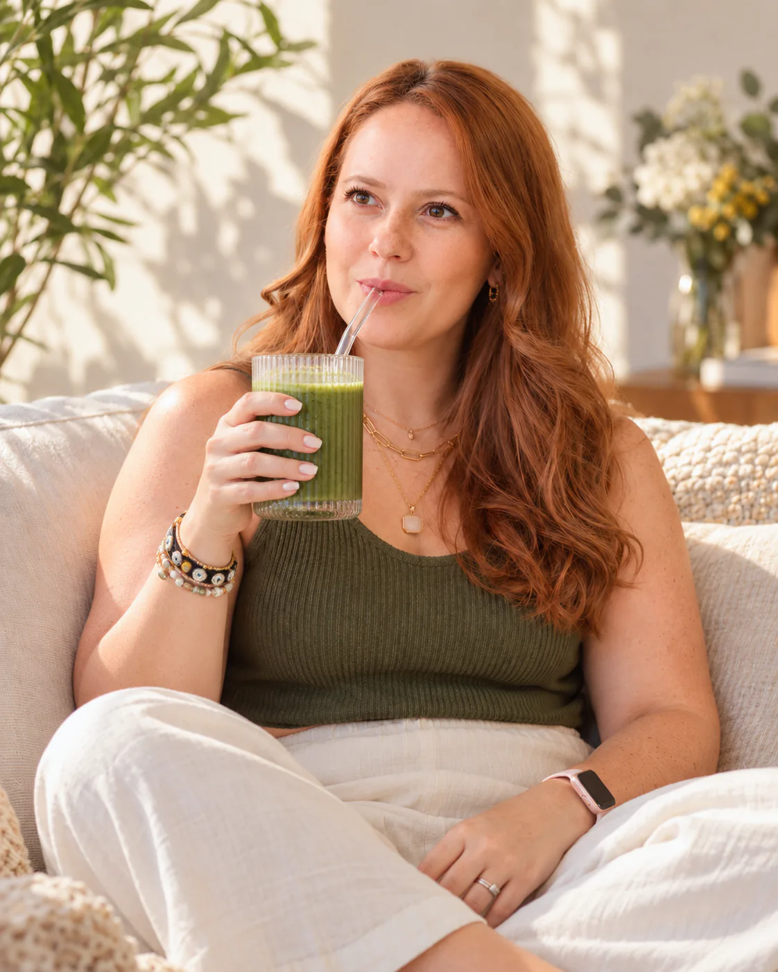 Juliana Campos tomando un batido verde en su sillón